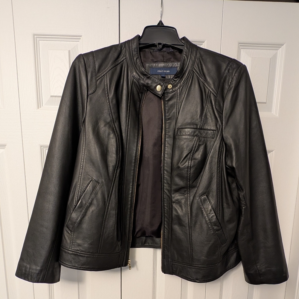 Cole Haan Black Leather Biker-Style Jacket